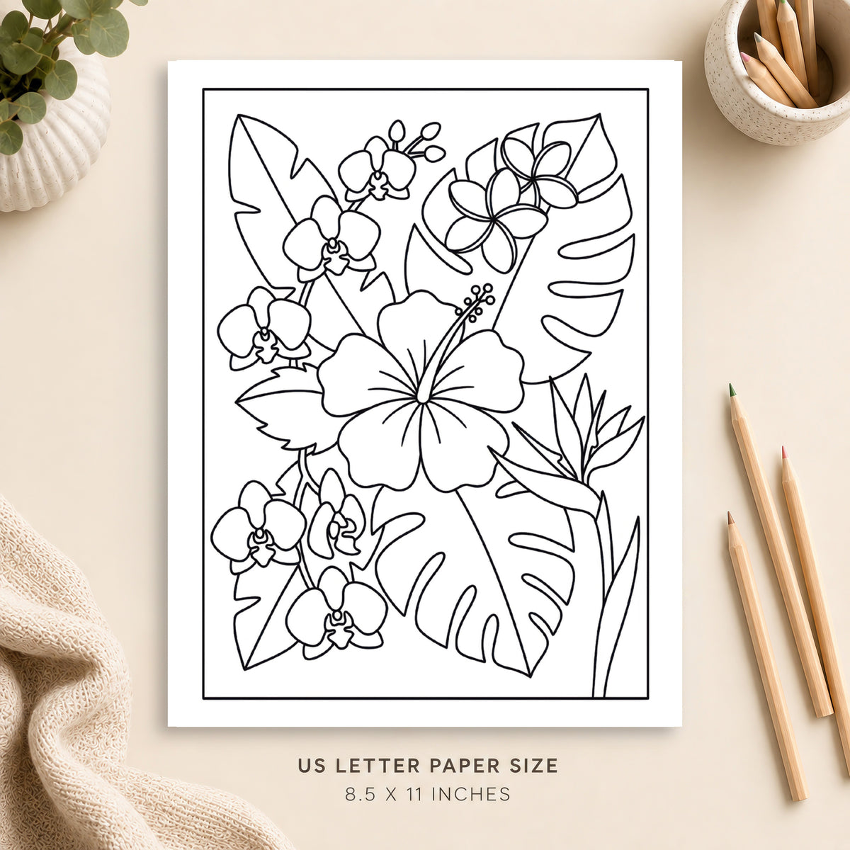 Tropical Flowers Coloring Page 1