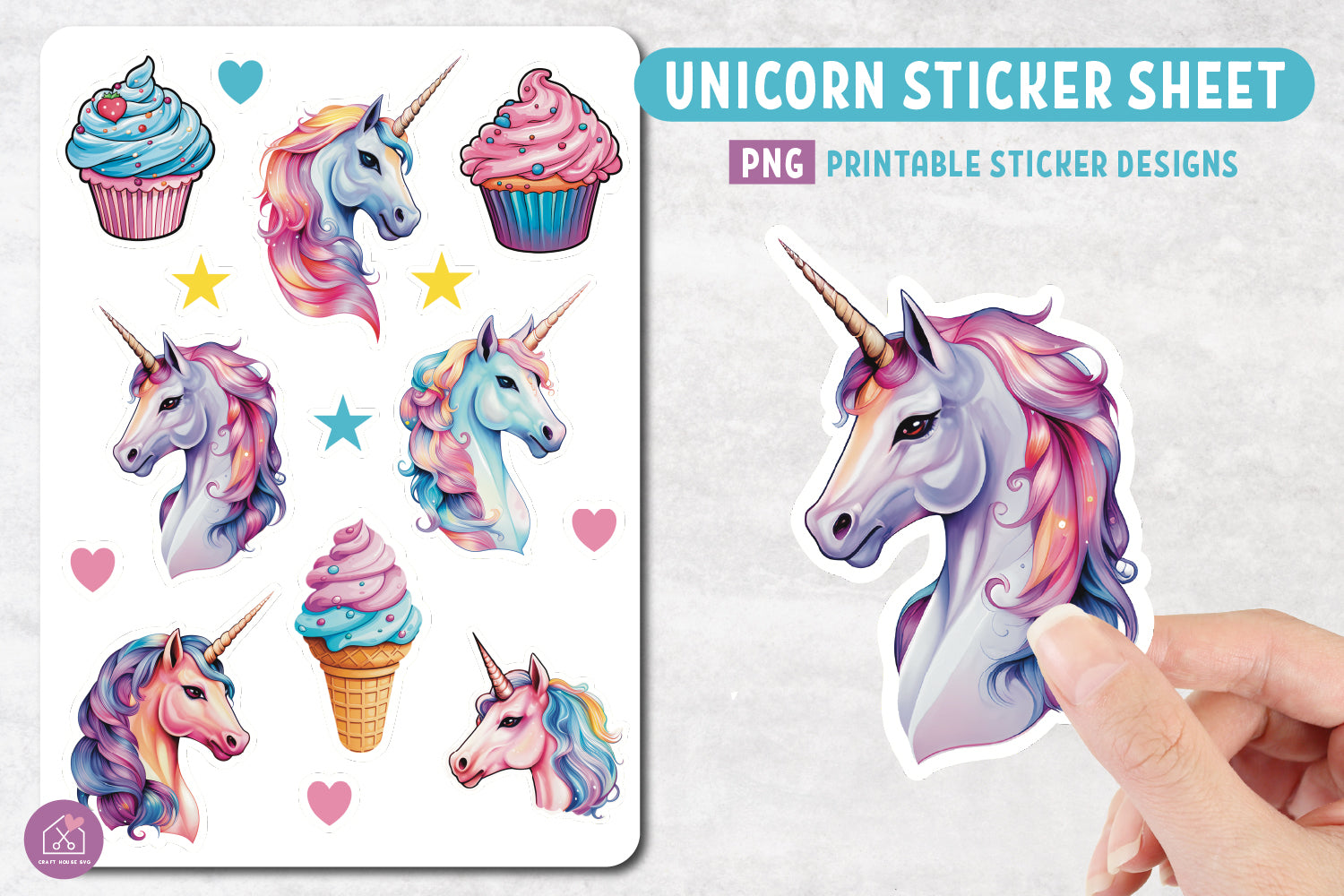 Unicorn Sticker Sheet PNG Print and Cut Sticker Designs by Craft House SVG