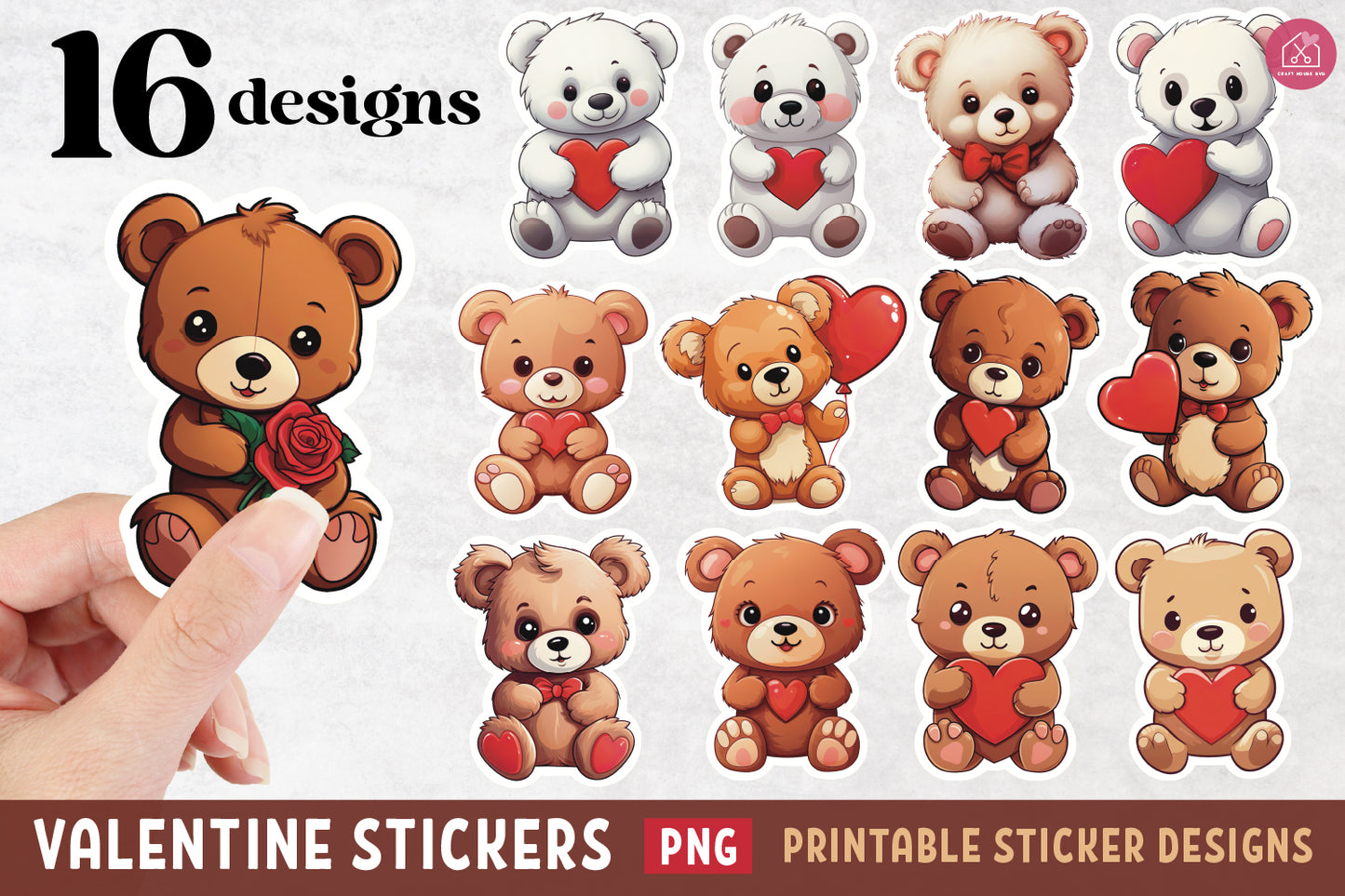Valentine Teddy Bear Stickers PNG Print and Cut Sticker Designs - Craft House SVG
