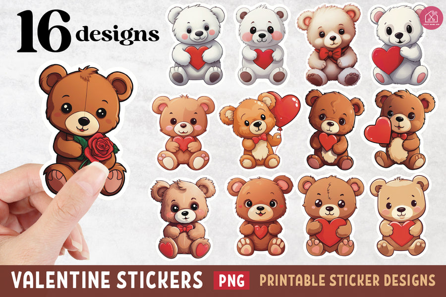 Valentine Teddy Bear Stickers PNG Print and Cut Sticker Designs - Craft House SVG