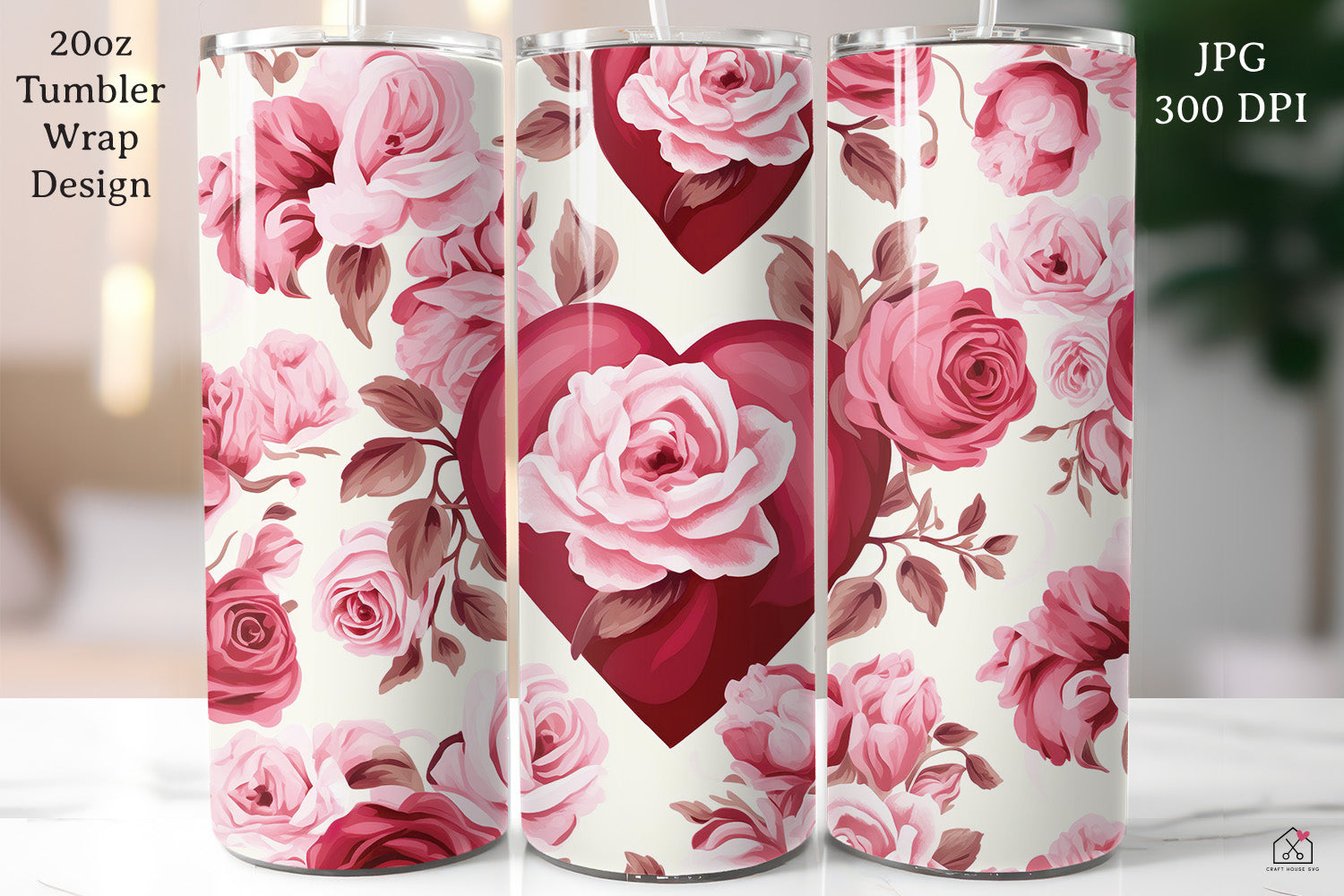 FREE Valentine's Day 20oz Tumbler Wrap Sublimation Design Rose Pattern PNG - Craft House SVG