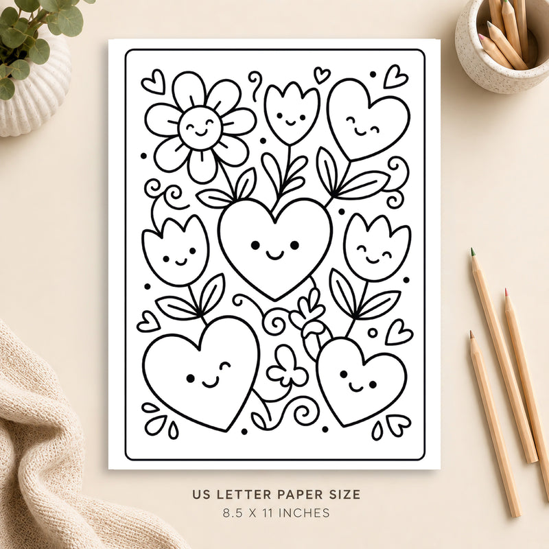 Valentine Hearts and Flowers Coloring Page 1