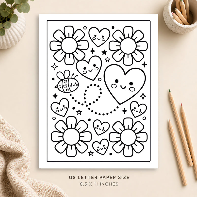 Valentine Hearts and Flowers Coloring Page 2