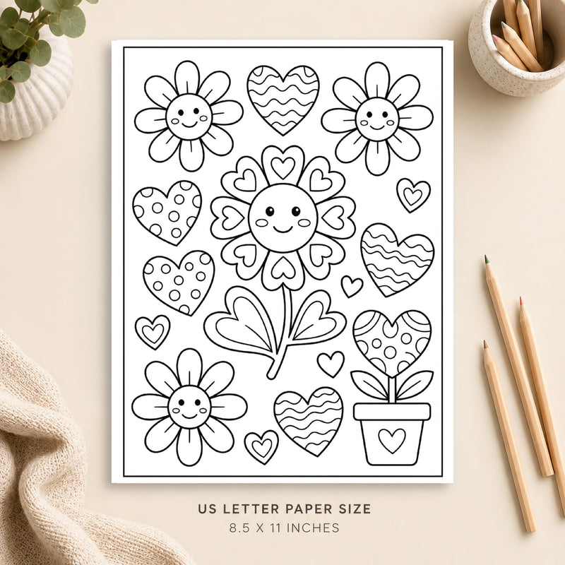 Valentine Hearts and Flowers Coloring Page 3