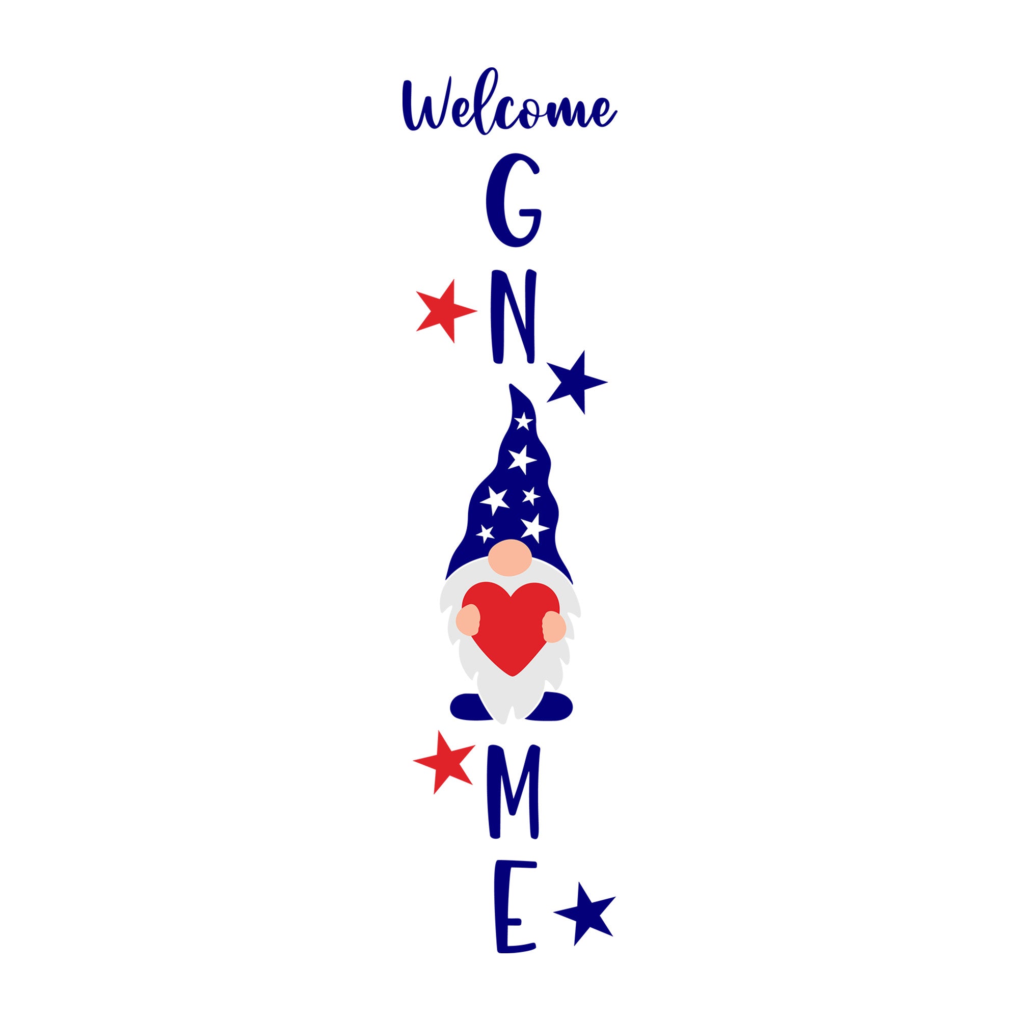 Welcome Gnome 4th Of July SVG design for Cricut, Silhouette, laser cutting, vinyl, sublimation, 4th of July, and patriotic craft projects.