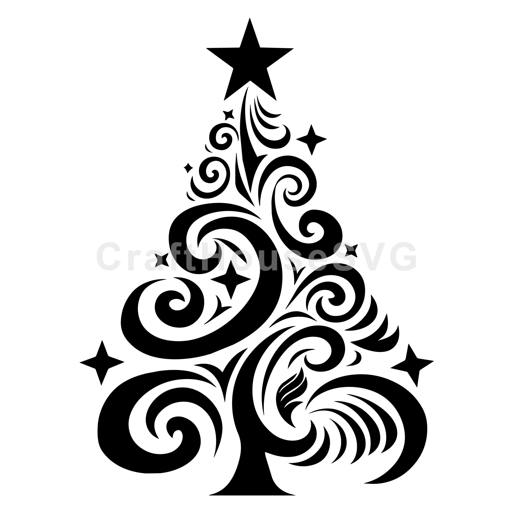 Whimsical Tree with Star and Curl Accents SVG