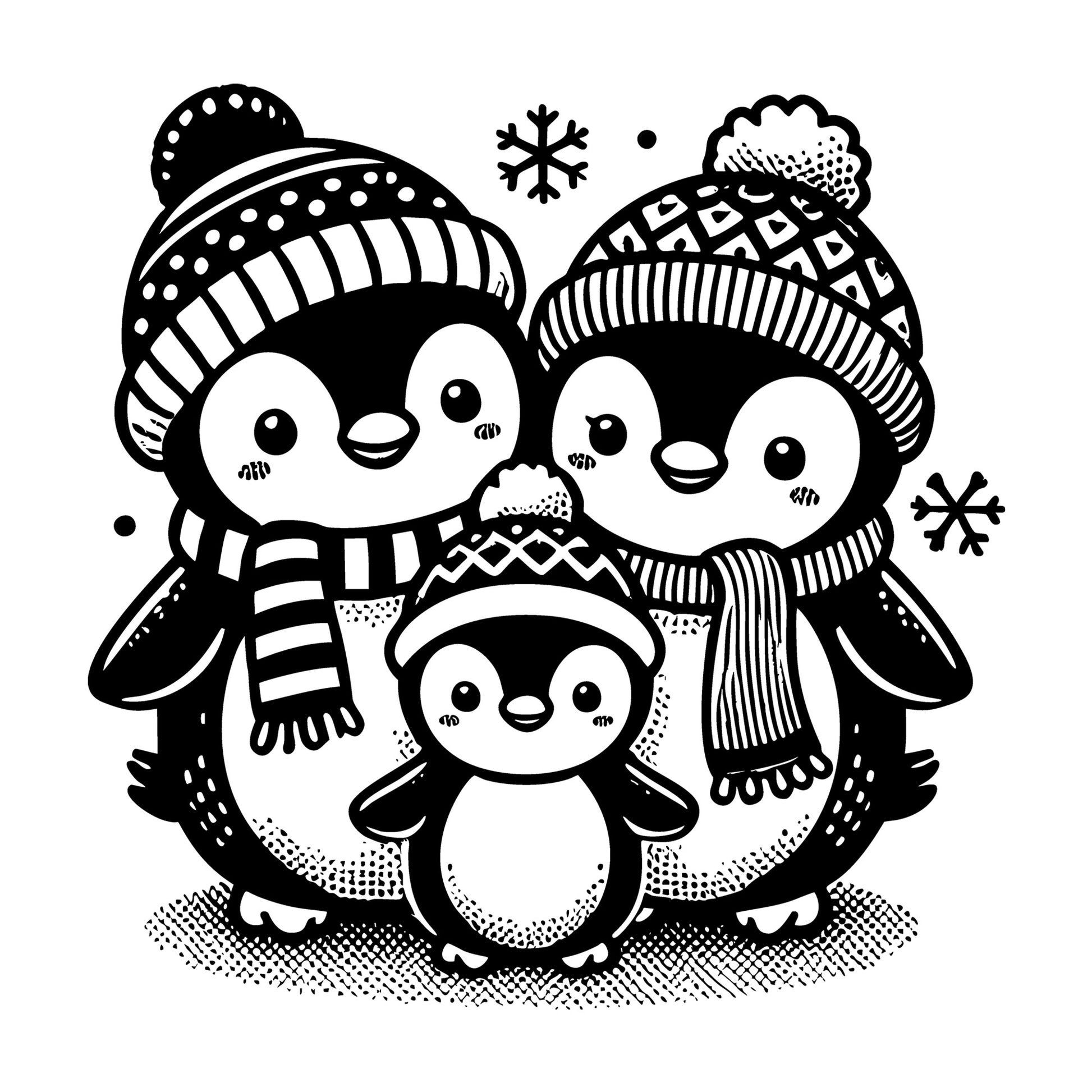Winter Penguin Family in Hats and Scarves SVG design for Cricut, Silhouette, laser cutting, vinyl, sublimation, and craft projects.