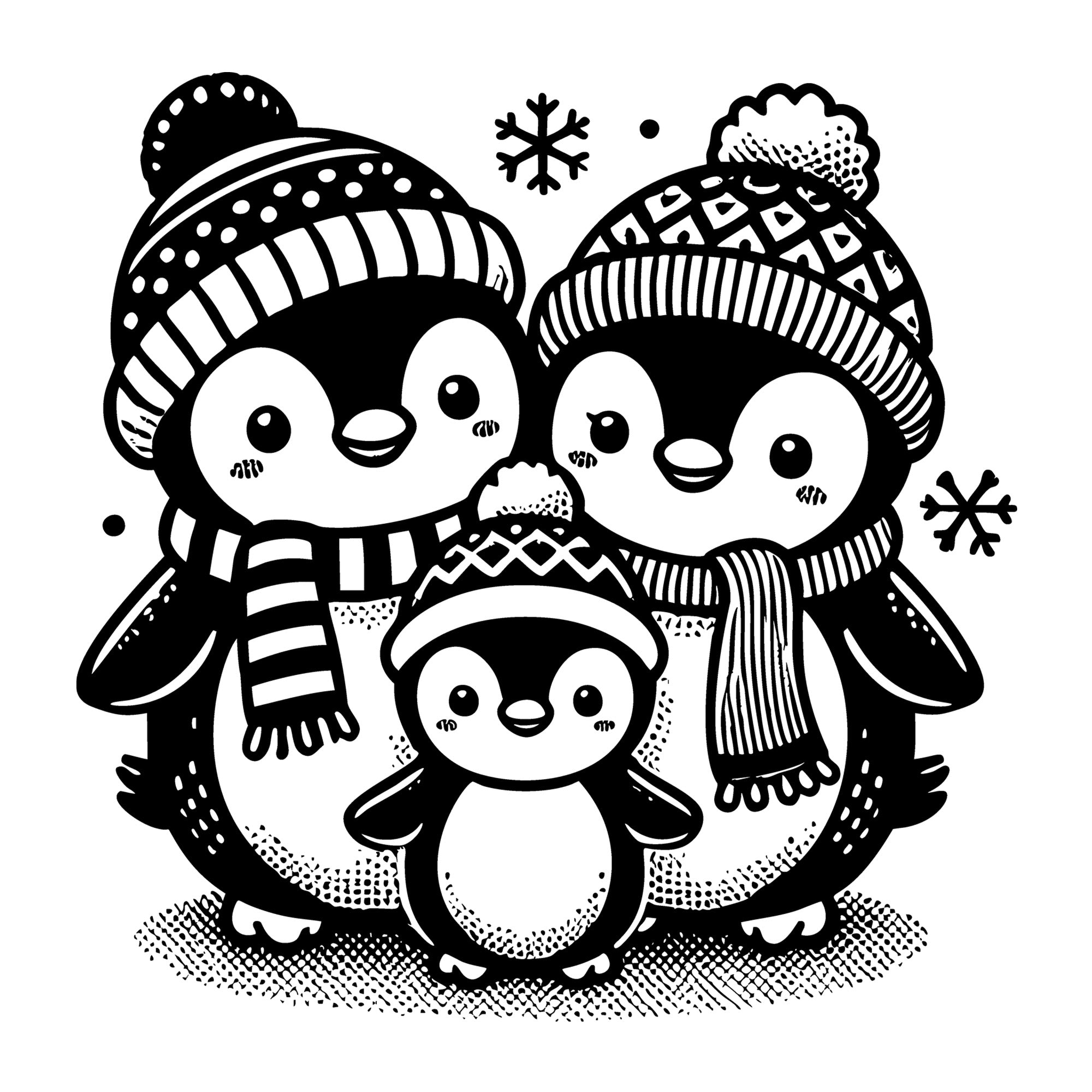 Winter Penguin Family in Hats and Scarves SVG design for Cricut, Silhouette, laser cutting, vinyl, sublimation, and craft projects.