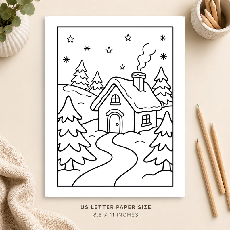 Winter Cottage Coloring Page 2