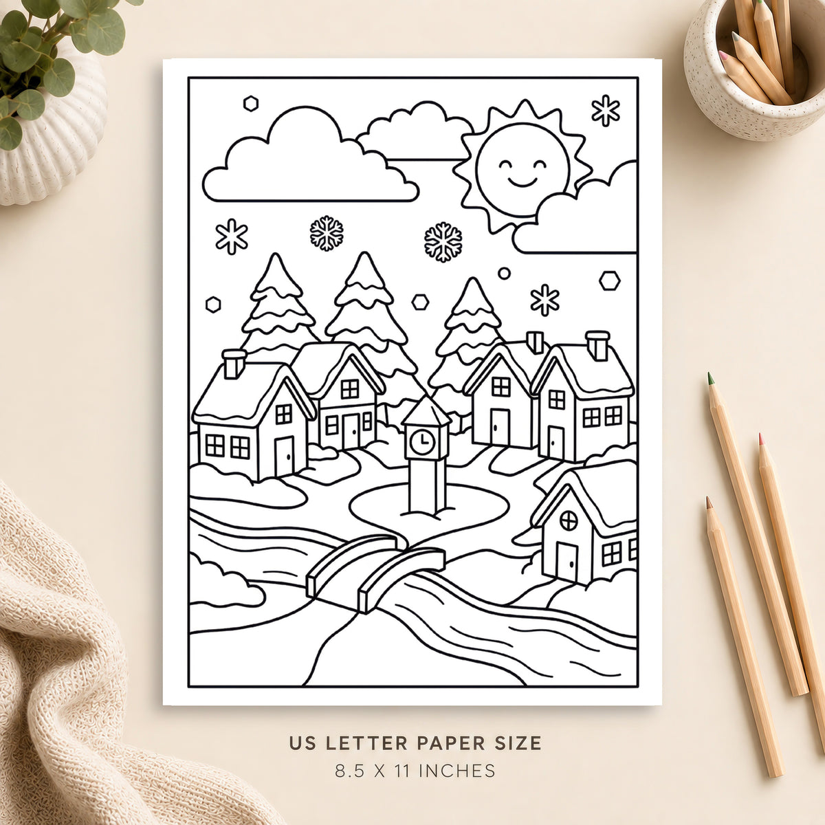 Winter Village Coloring Page 1