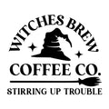 Witches Brew Coffee Co Stirring Up Trouble SVG design for Cricut, Silhouette, laser cutting, vinyl, sublimation, and Halloween craft projects.