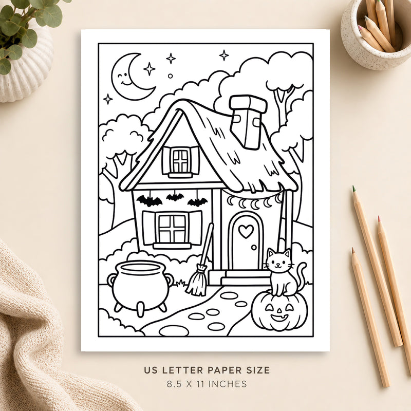 Witchy Cottage Coloring Page 1