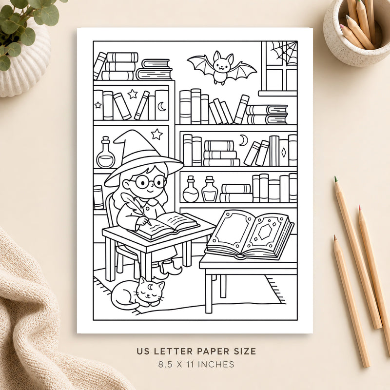 Witchy Library Coloring Page 1