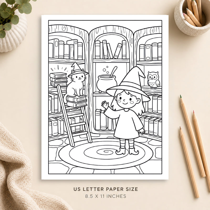 Witchy Library Coloring Page 2