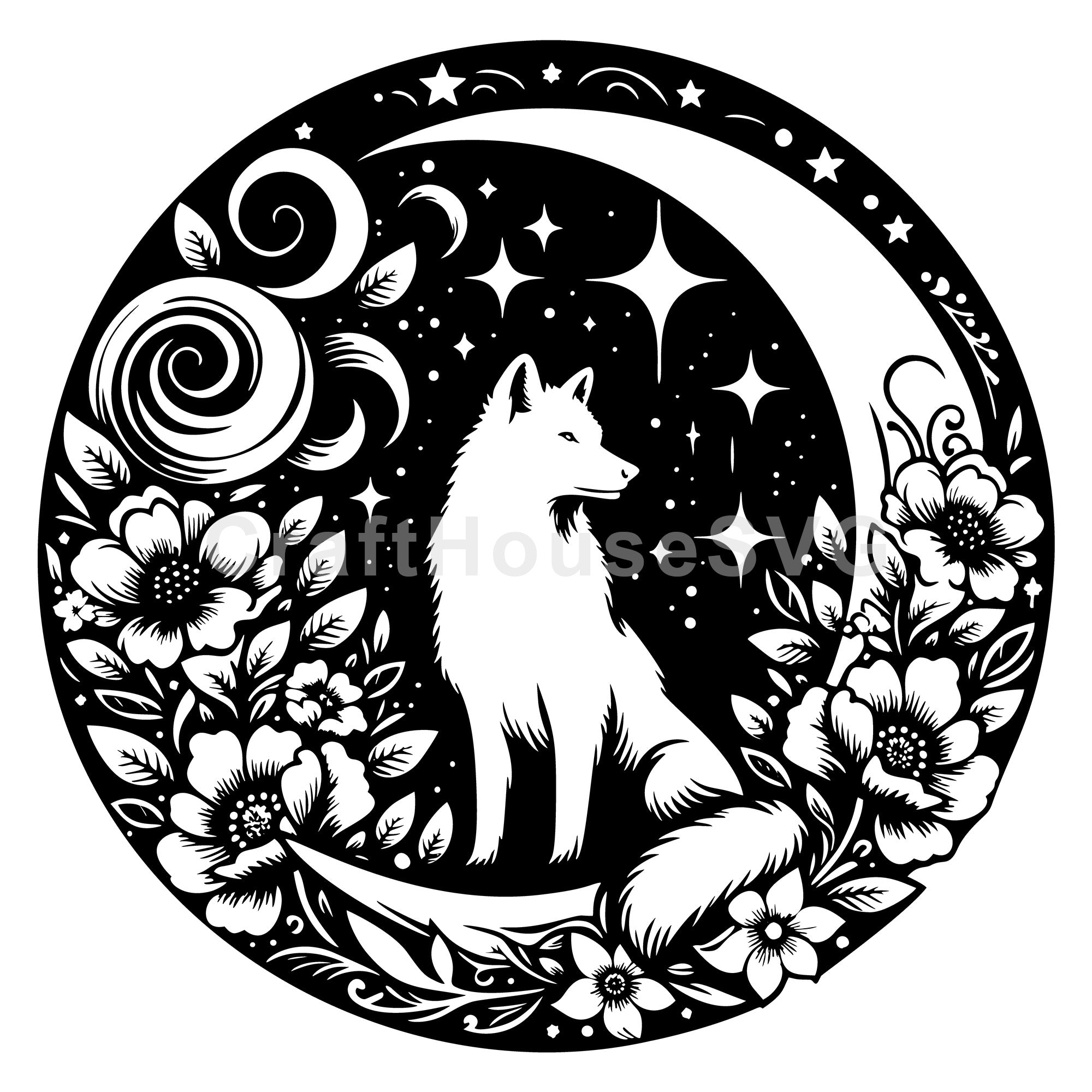 Wolf Crescent Moon Floral SVG