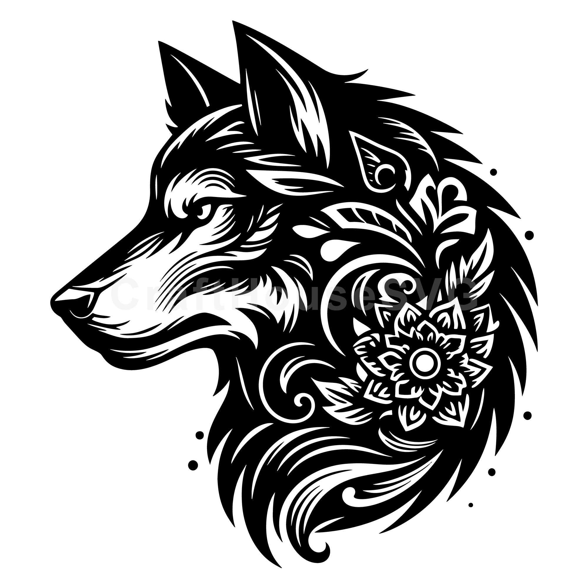 Wolf Head Intricate Floral SVG