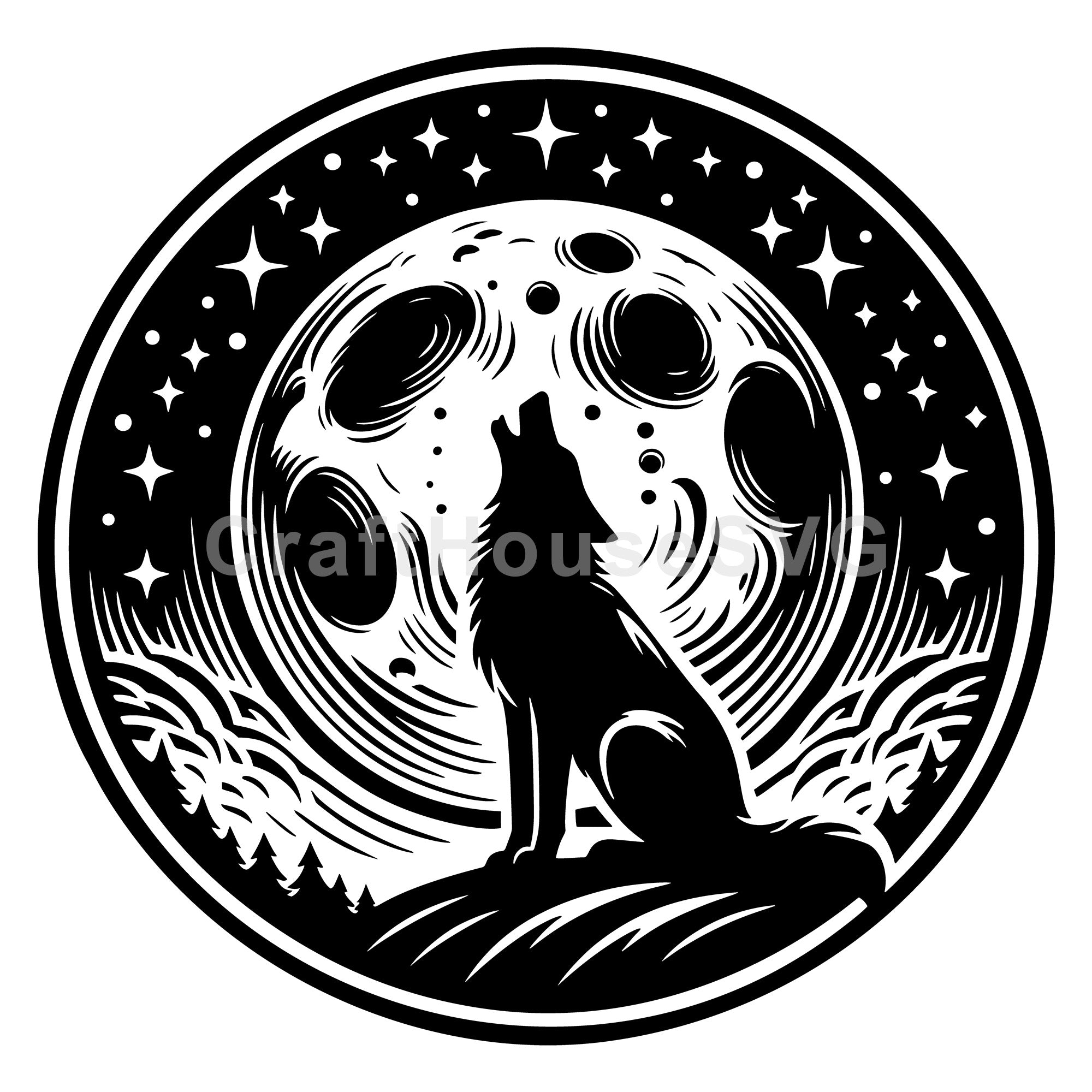 Wolf Howling Moon Stars SVG