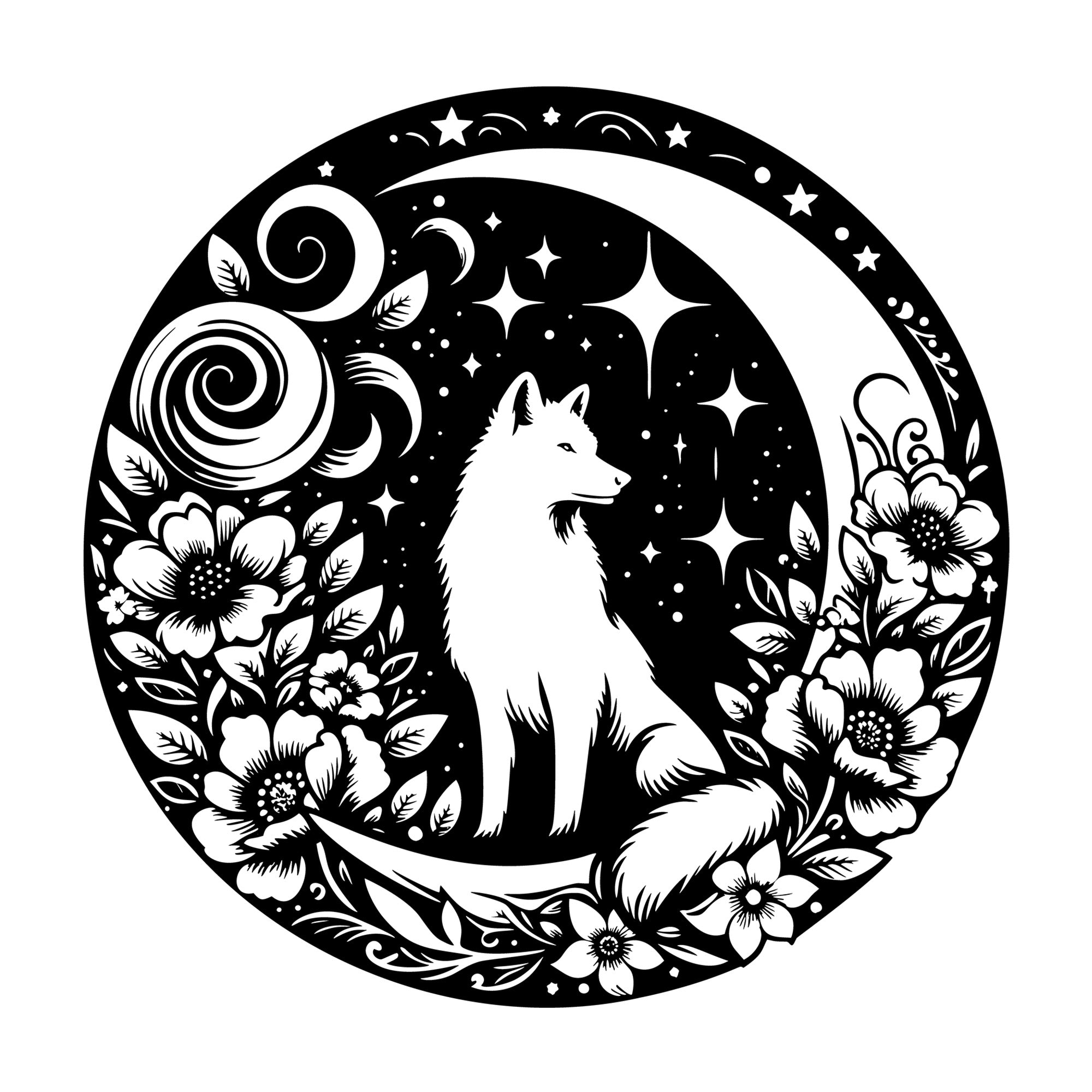 Wolf Crescent Moon Floral SVG design for Cricut, Silhouette, laser cutting, vinyl, sublimation, and craft projects.