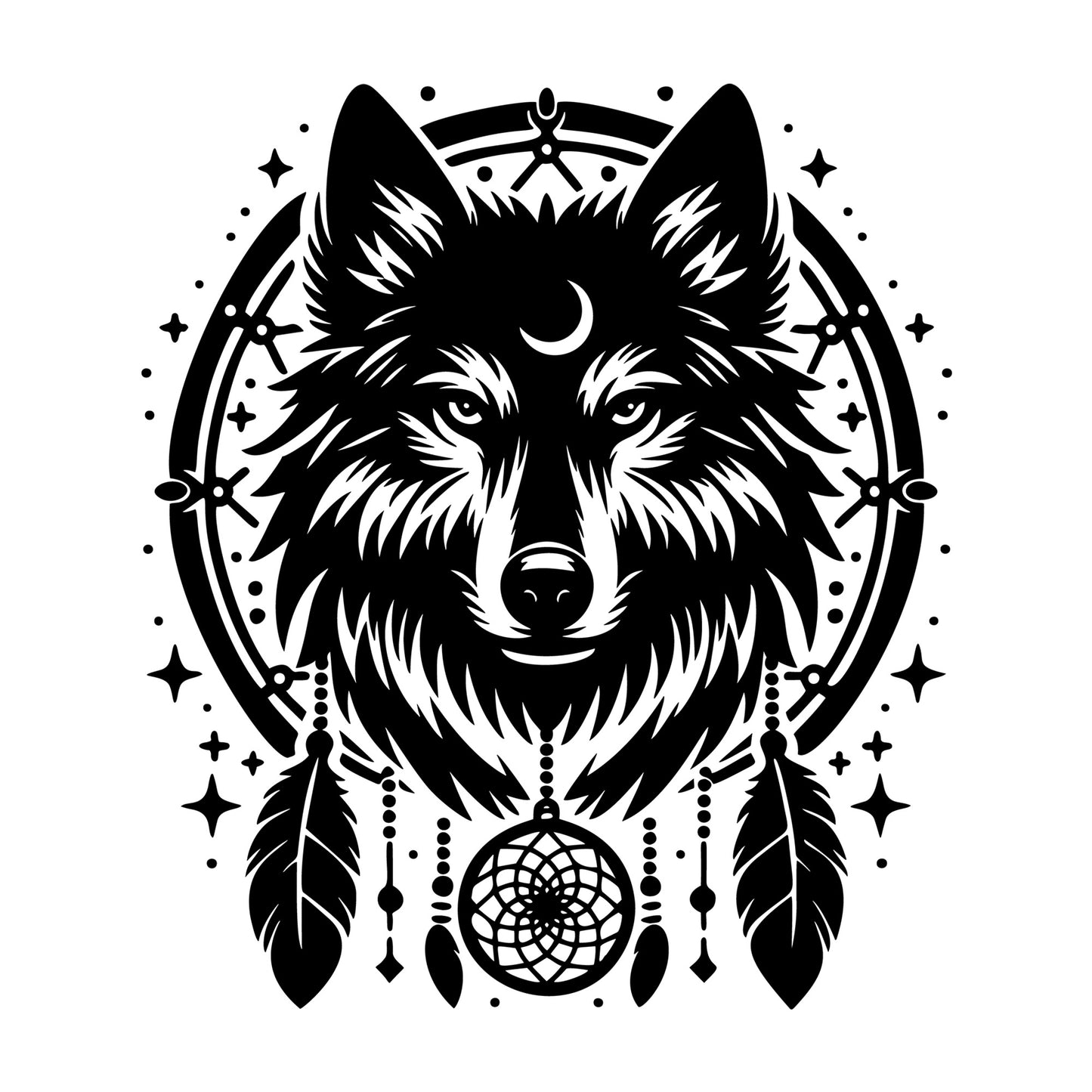 Wolf Dreamcatcher SVG design for Cricut, Silhouette, laser cutting, vinyl, sublimation, and craft projects.