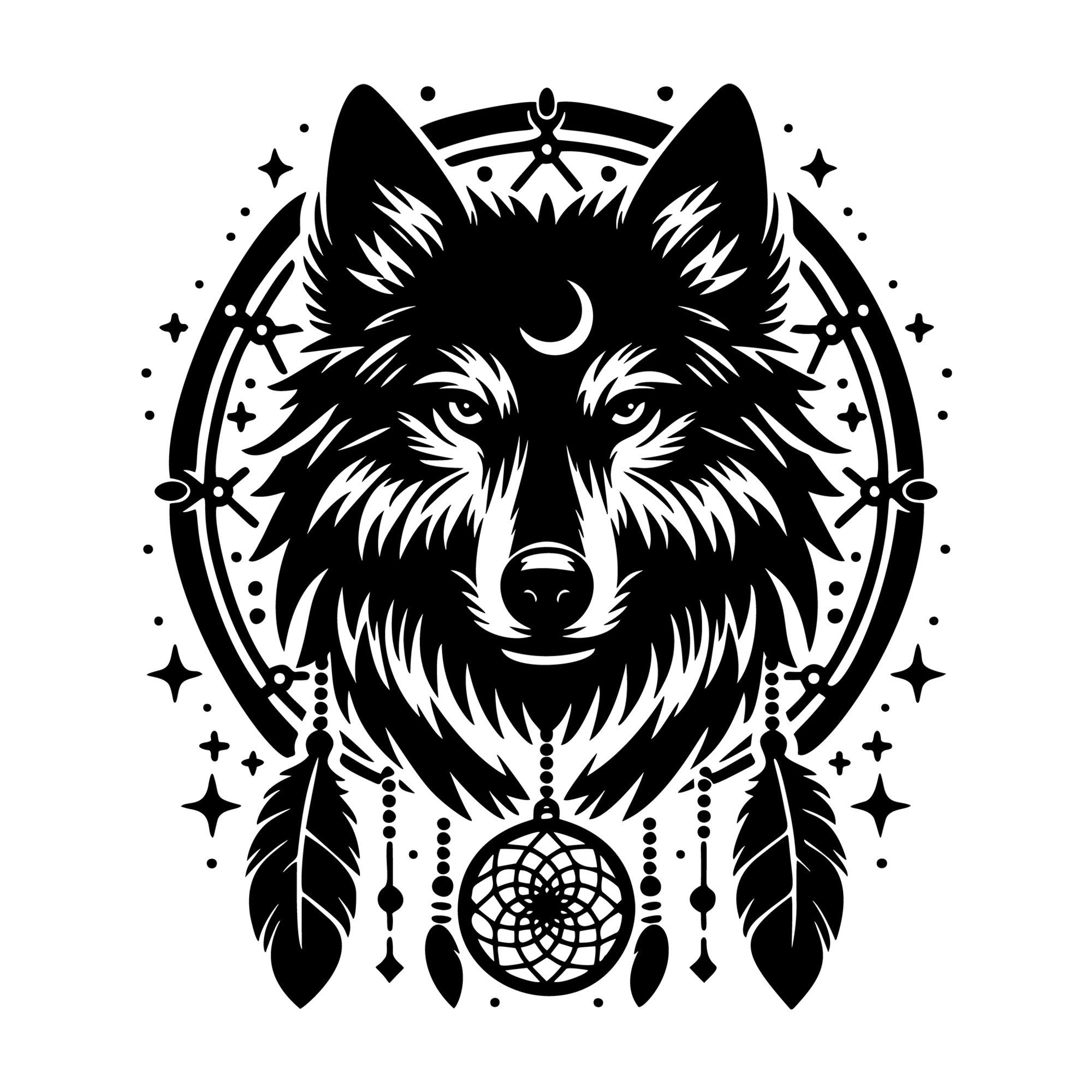 Wolf Dreamcatcher SVG design for Cricut, Silhouette, laser cutting, vinyl, sublimation, and craft projects.