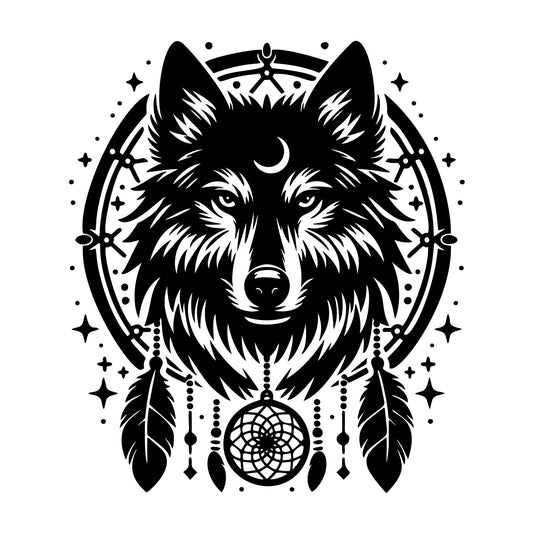 Wolf Dreamcatcher SVG design for Cricut, Silhouette, laser cutting, vinyl, sublimation, and craft projects.