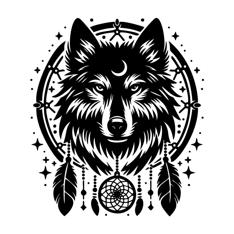 Wolf Dreamcatcher SVG design for Cricut, Silhouette, laser cutting, vinyl, sublimation, and craft projects.