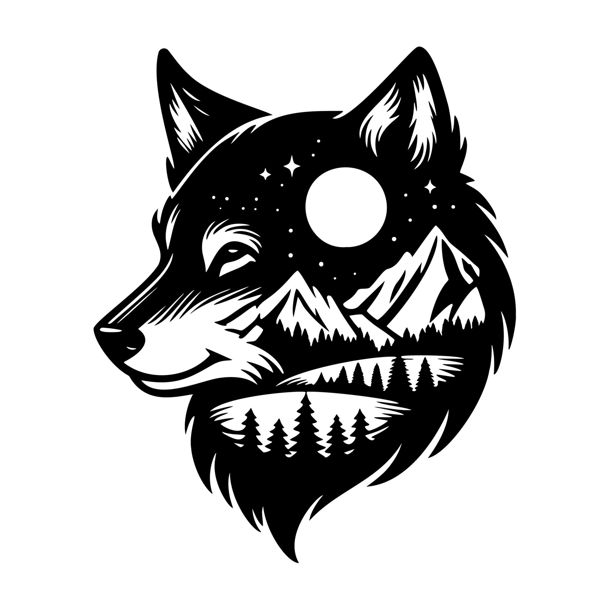 Wolf Head Scenic Landscape SVG design for Cricut, Silhouette, laser cutting, vinyl, sublimation, and craft projects.