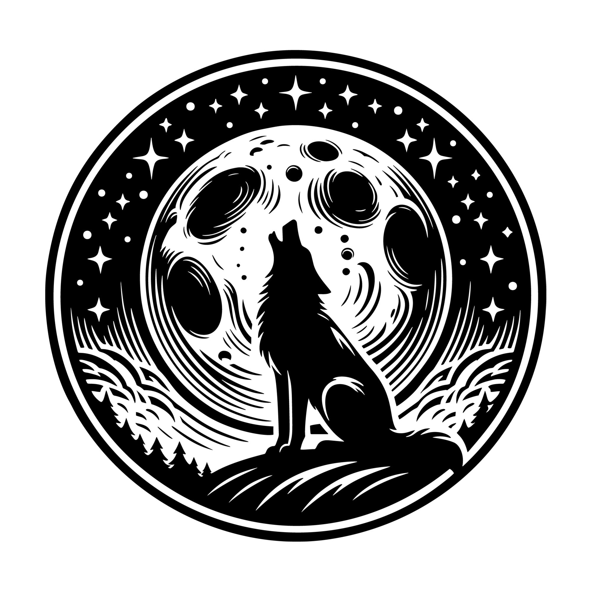 Wolf Howling Moon Stars SVG design for Cricut, Silhouette, laser cutting, vinyl, sublimation, and craft projects.