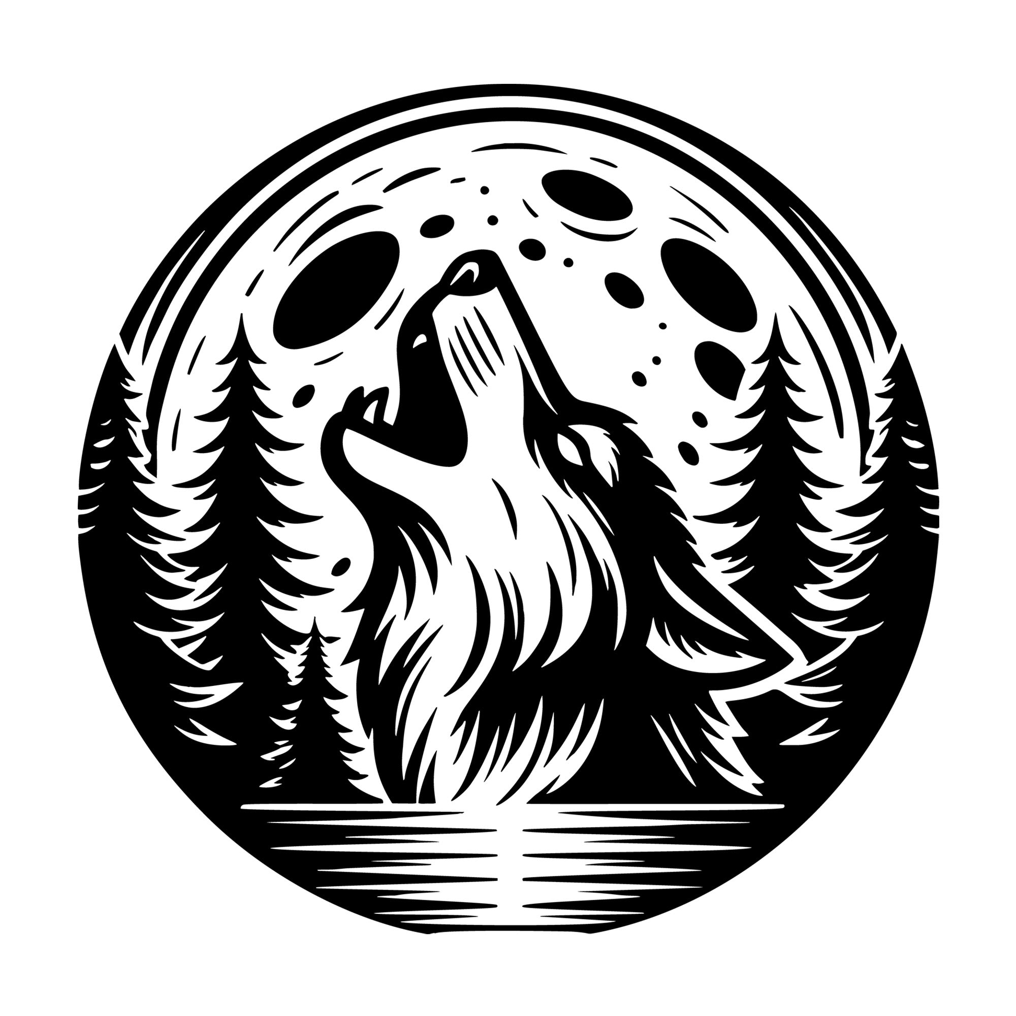 Wolf Howling Under Full Moon SVG design for Cricut, Silhouette, laser cutting, vinyl, sublimation, and craft projects.