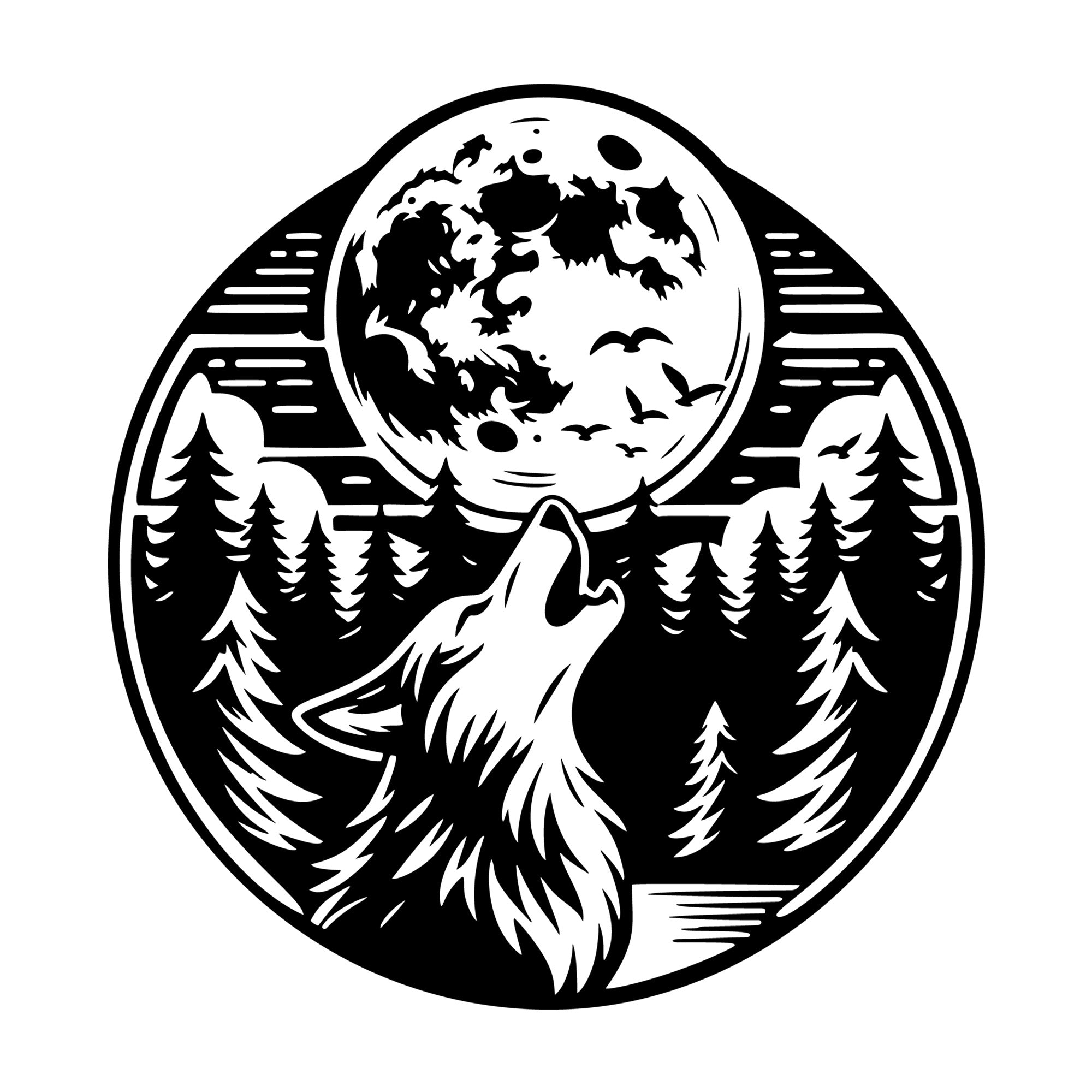 Wolf Howling at Moon SVG design for Cricut, Silhouette, laser cutting, vinyl, sublimation, and craft projects.