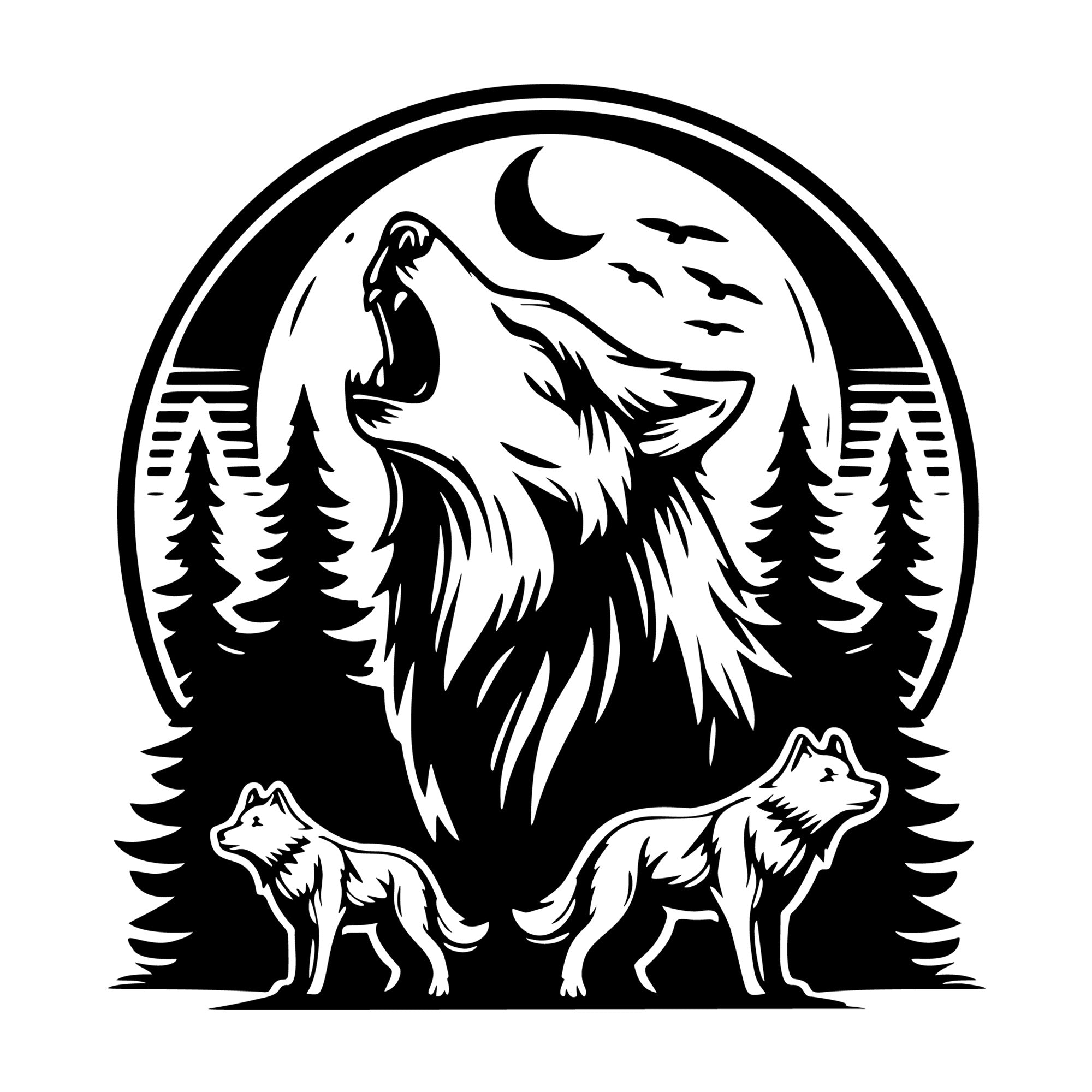 Wolf Pack Scenic SVG design for Cricut, Silhouette, laser cutting, vinyl, sublimation, and craft projects.