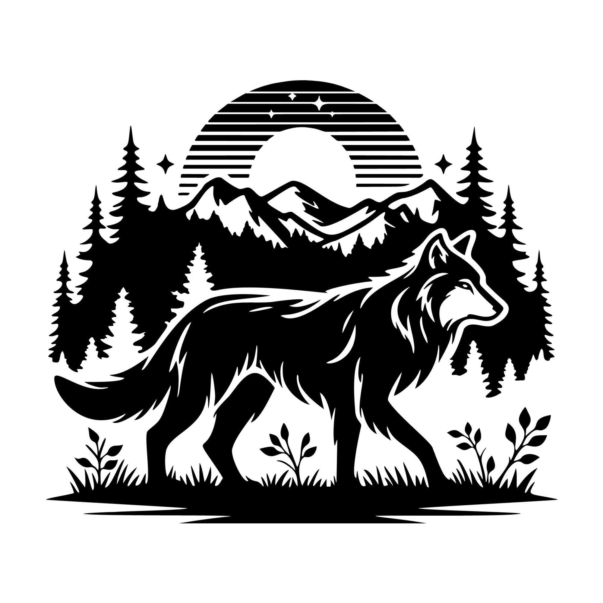 Wolf Scenic Forest SVG design for Cricut, Silhouette, laser cutting, vinyl, sublimation, and craft projects.