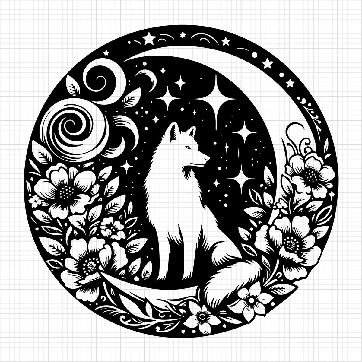 Wolf Crescent Moon Floral