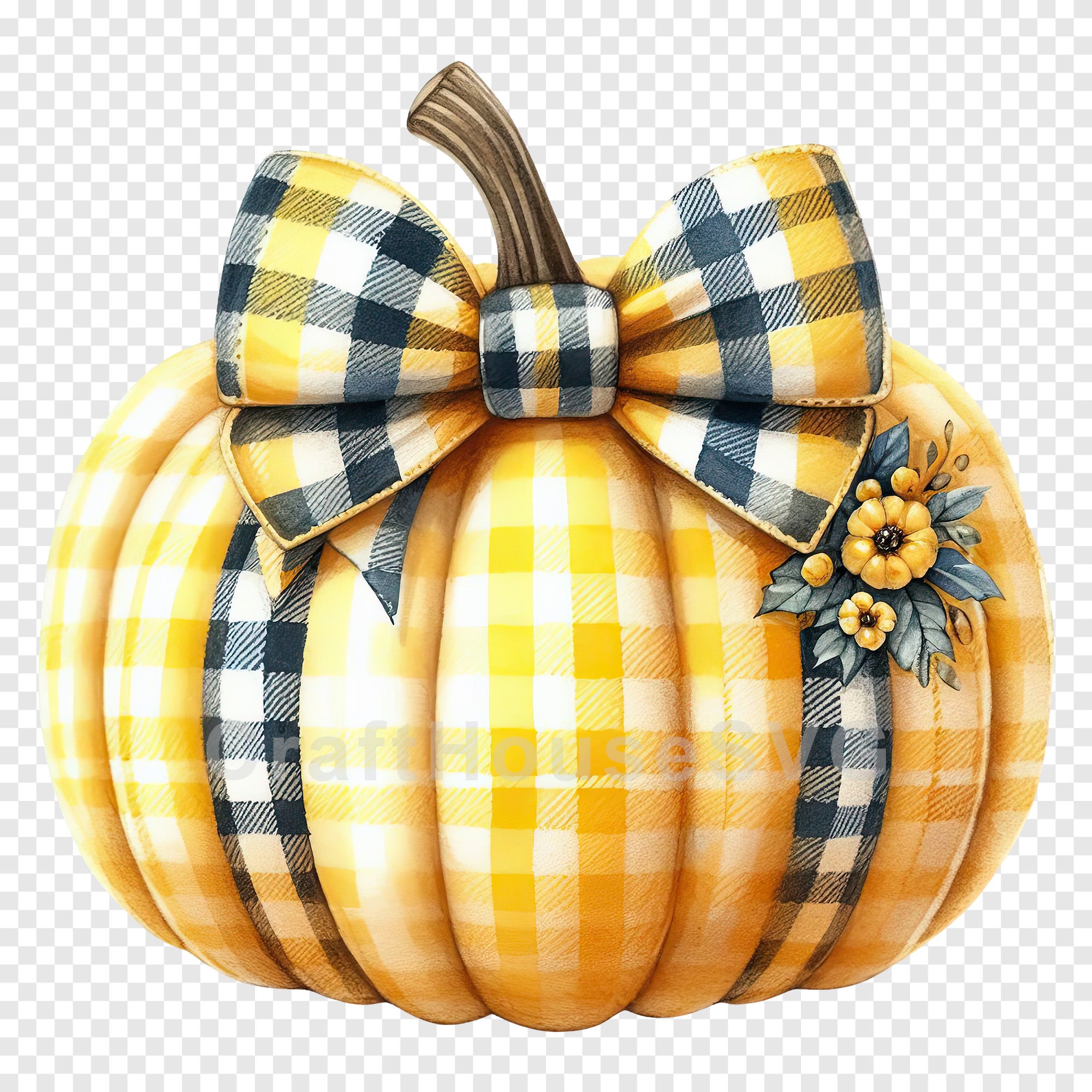 Yellow Plaid Pumpkin with Bow PNG Clip Art Sublimation