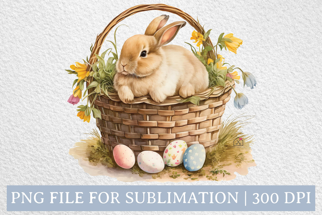 Easter Bunny in Floral Egg Basket Watercolor Sublimation Design PNG