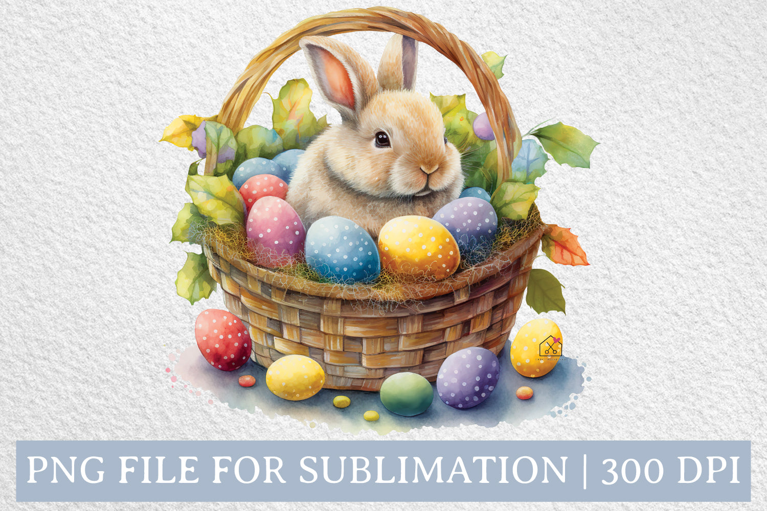Easter Bunny in Egg Basket Watercolor Sublimation Design PNG