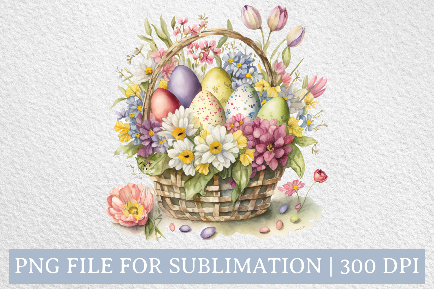 Floral Easter Eggs Basket Watercolor Sublimation Design PNG