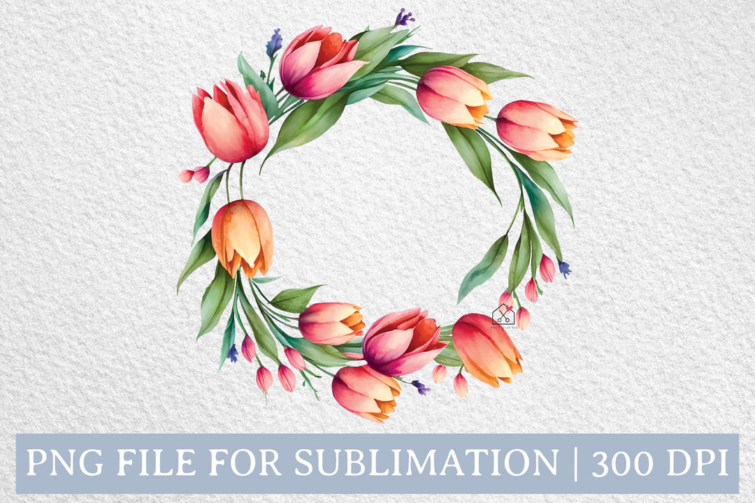 Tulips Spring Wreath Watercolor Sublimation Design PNG
